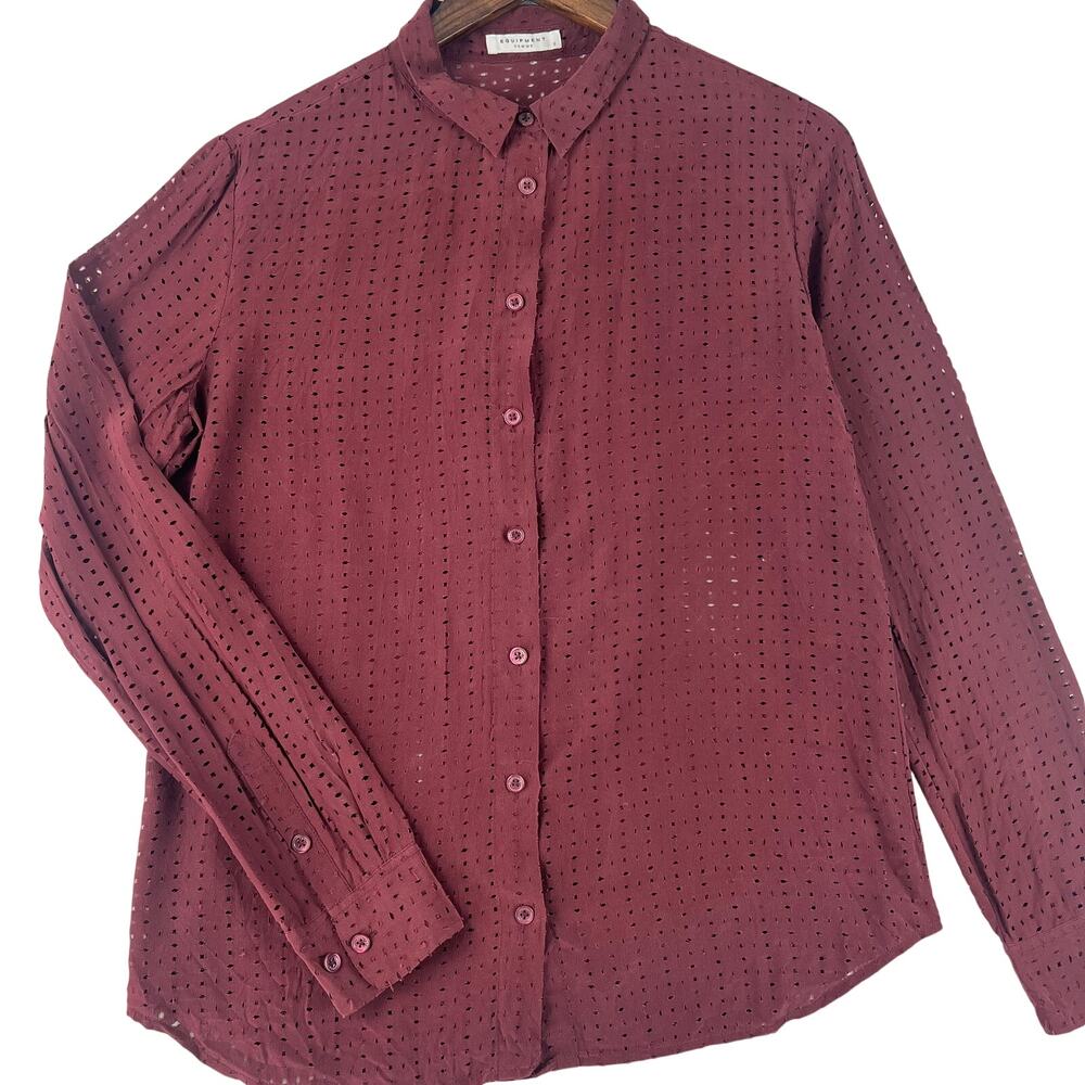 Equipment Femme Womens Reese Eyelet Silk Blouse SZ S Burgundy Long Sleeve